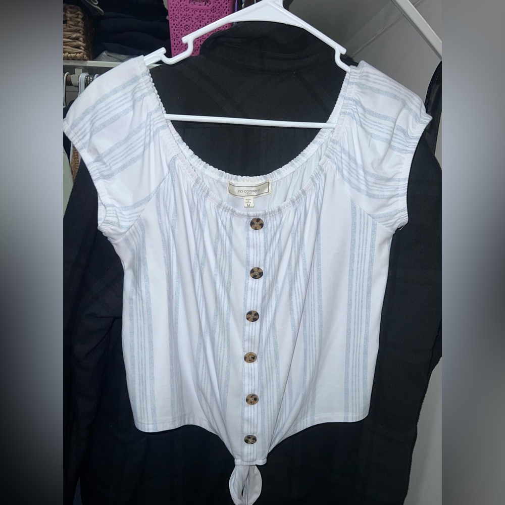 Chic White and Blue Button-Front Blouse